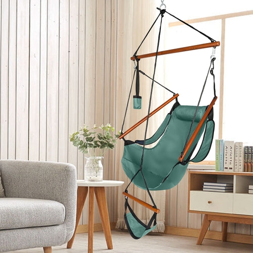 LuxeSwing™ – Oxford Hanging Chair with Wooden Bar & Cup Holder, Green
