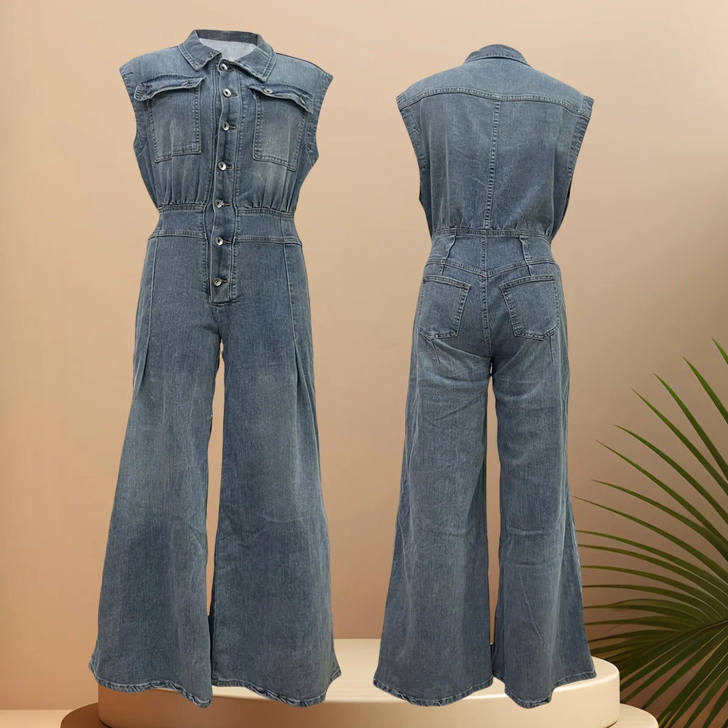 Ts1300 Sense of Quality 2025 Casual Washed Sleeveless Denim Cargo Plus Size Sexy Jumpsuit Street Style Jeans Romper