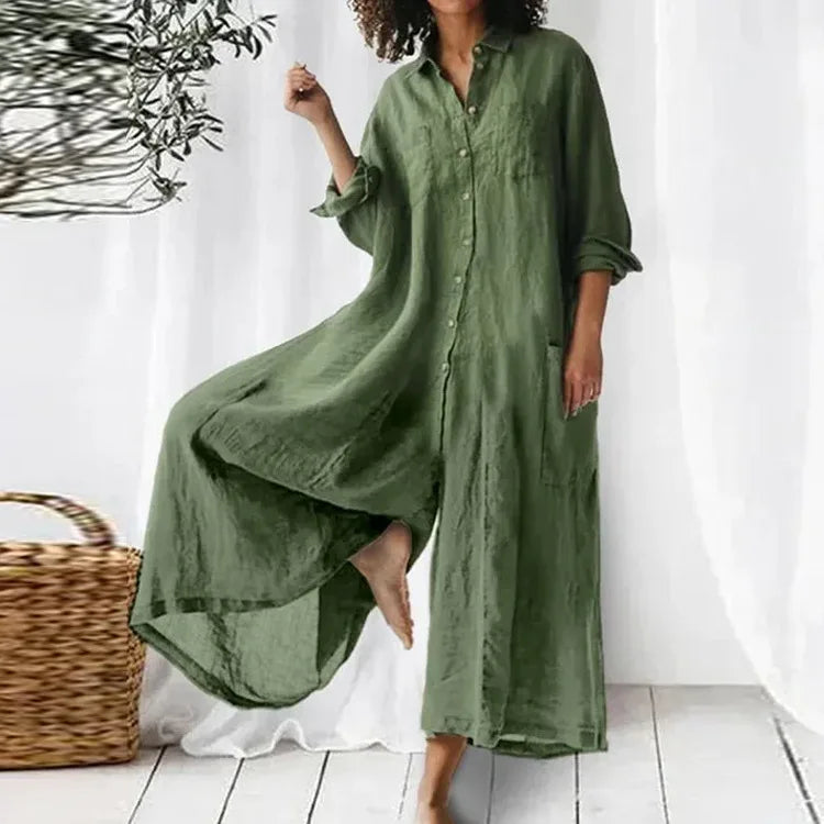 New 2025 Pure Color Casual Cotton Linen Loose Wide Leg Pants Long Shirt Jumpsuit Women's Fashion Plus Size Comfortable Trousers