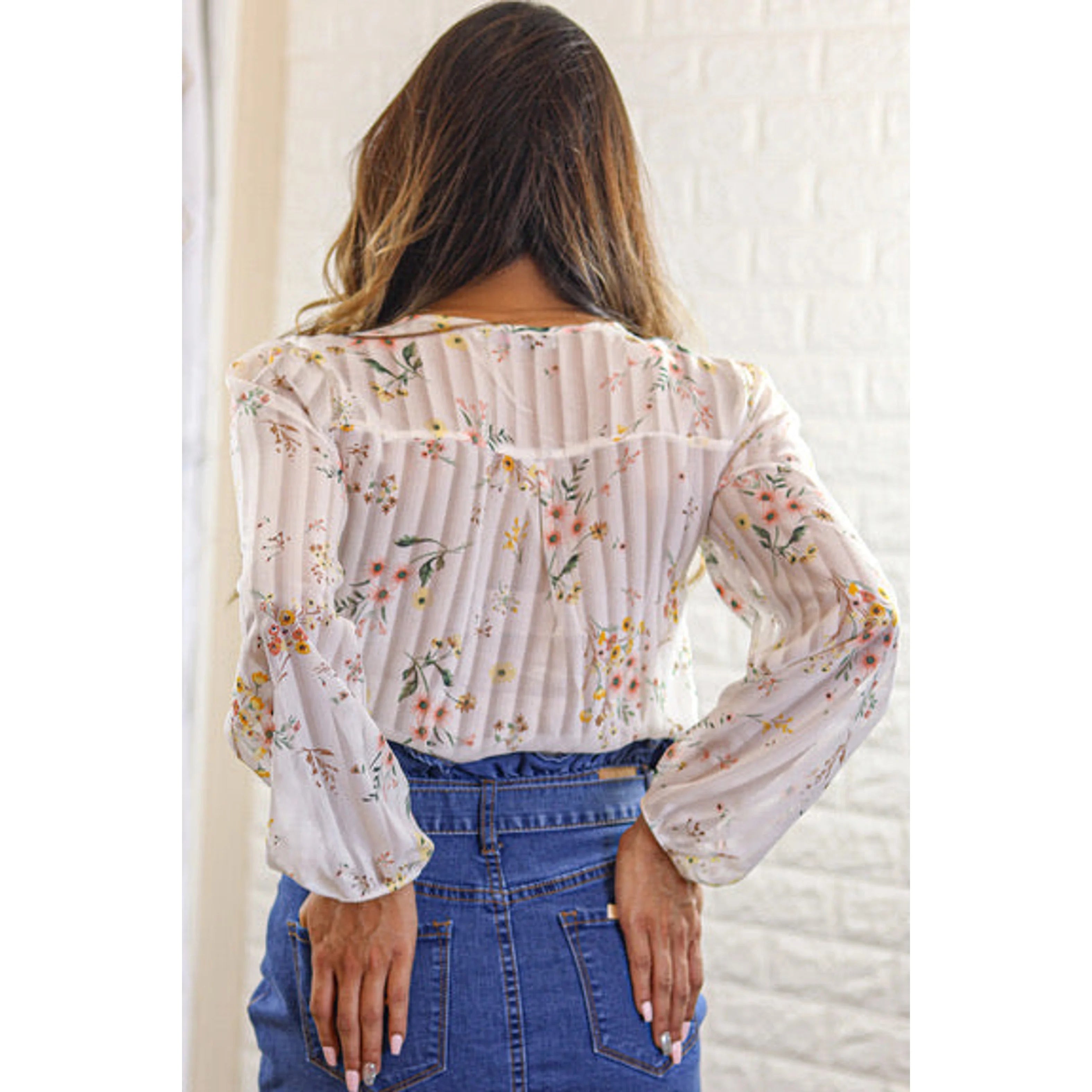 TD Serilda Women's White Bodysuit with Long Sleeves Stripe Floral Wrap Design