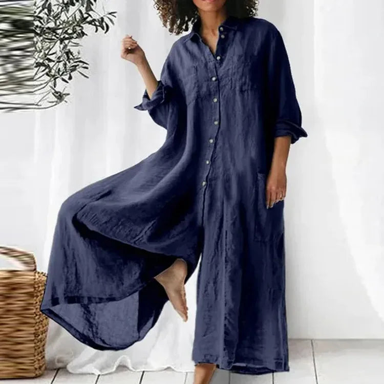 New 2025 Pure Color Casual Cotton Linen Loose Wide Leg Pants Long Shirt Jumpsuit Women's Fashion Plus Size Comfortable Trousers