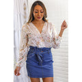 TD Serilda Women's White Bodysuit with Long Sleeves Stripe Floral Wrap Design
