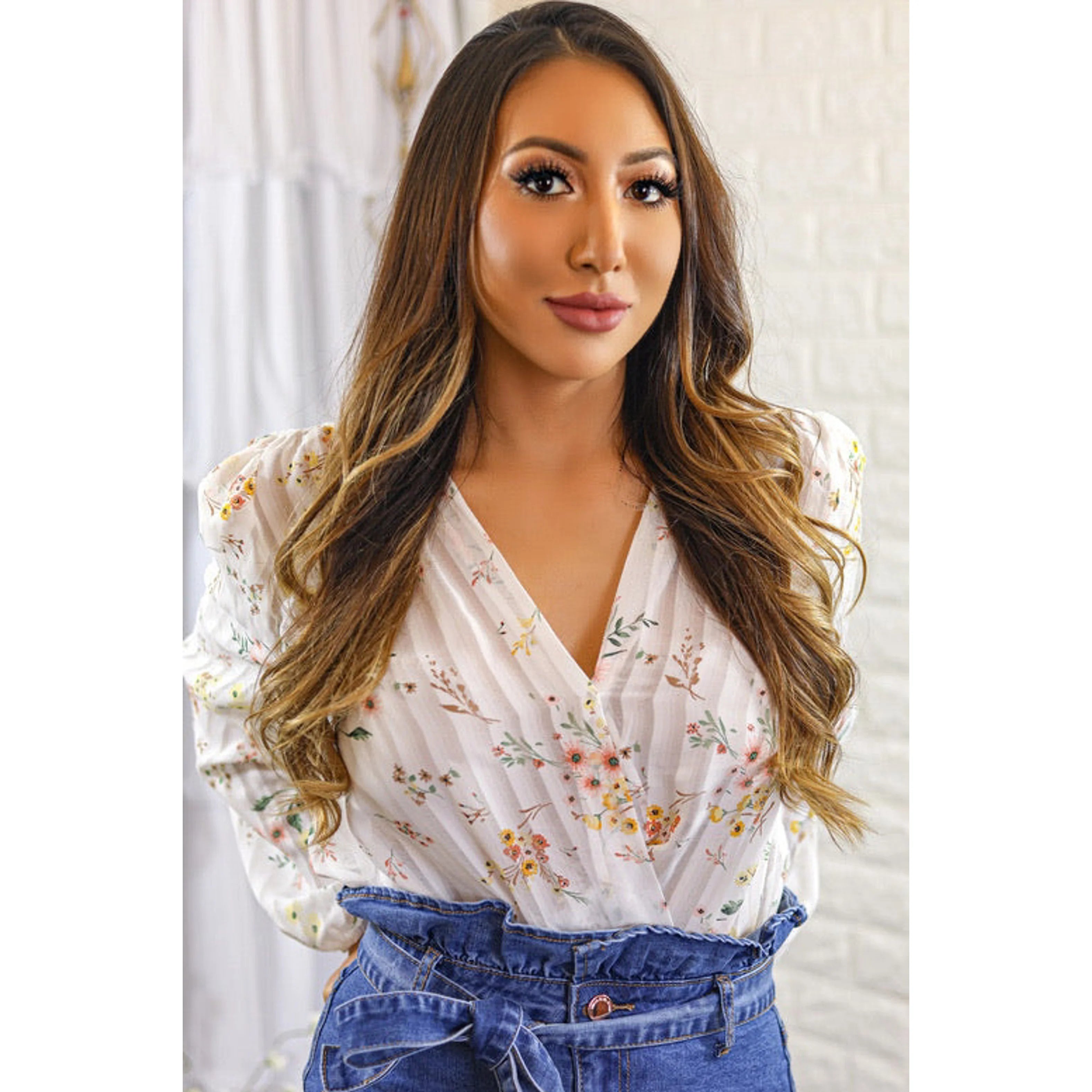 TD Serilda Women's White Bodysuit with Long Sleeves Stripe Floral Wrap Design