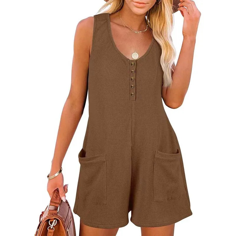Summer Sleeveless Solid Color Casual Loose Wide Leg Women Shorts Romper With Pockets WLTC-002