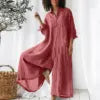New 2025 Pure Color Casual Cotton Linen Loose Wide Leg Pants Long Shirt Jumpsuit Women's Fashion Plus Size Comfortable Trousers