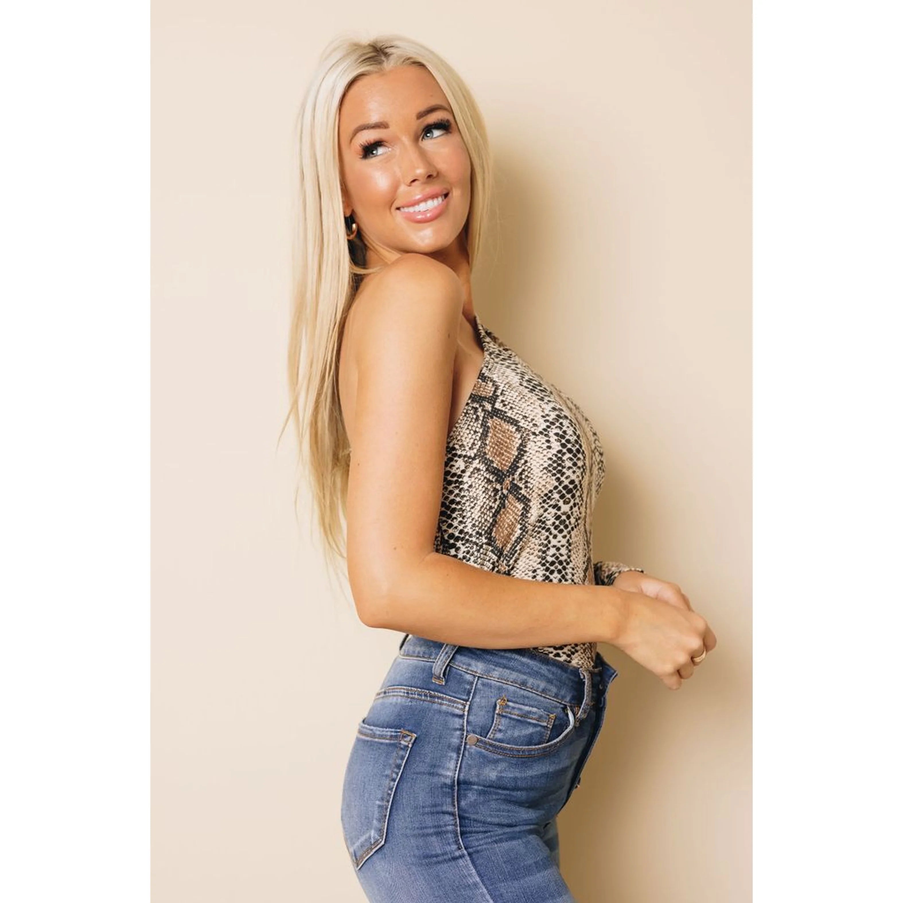 TD Chrissy One-Shoulder Bodysuit with Leopard Print Casual Knitting Fabric Above Knee Length for All Seasons