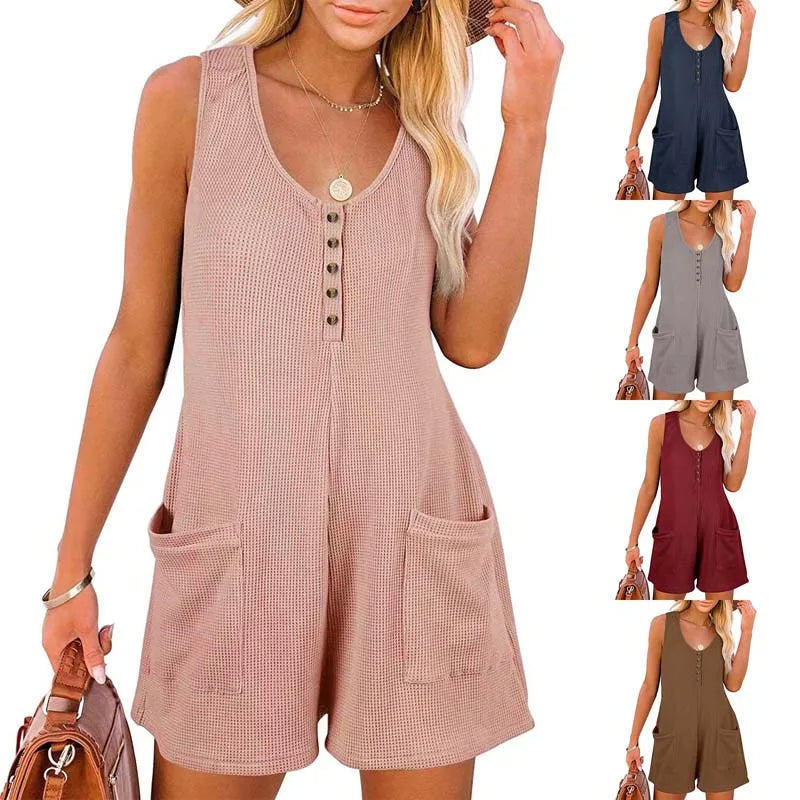 Summer Sleeveless Solid Color Casual Loose Wide Leg Women Shorts Romper With Pockets WLTC-002