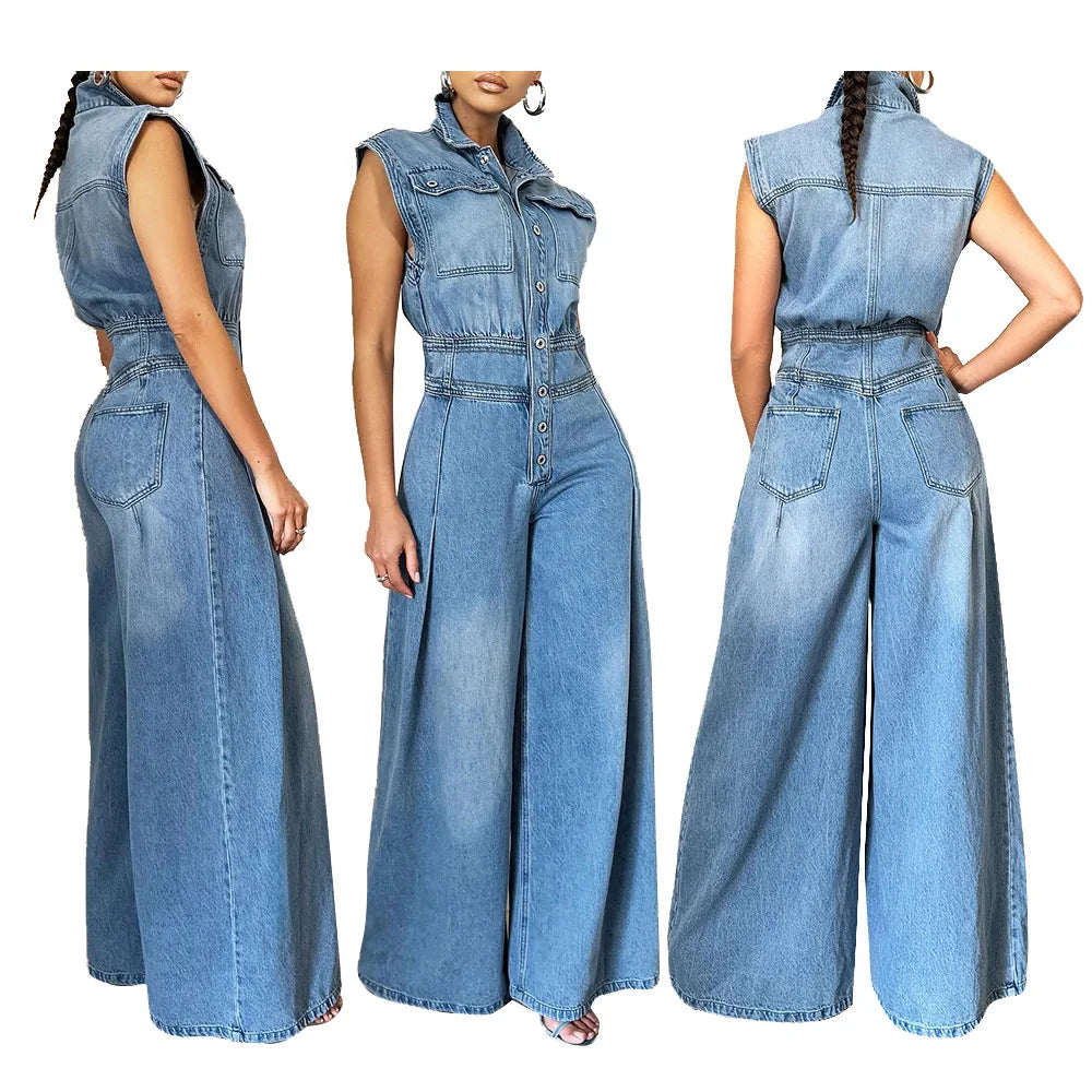 Ts1300 Sense of Quality 2025 Casual Washed Sleeveless Denim Cargo Plus Size Sexy Jumpsuit Street Style Jeans Romper