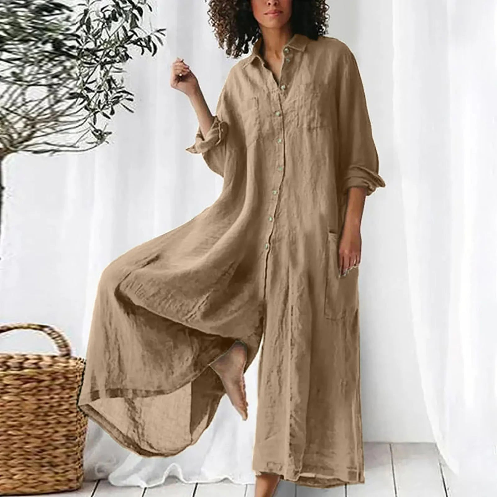 New 2025 Pure Color Casual Cotton Linen Loose Wide Leg Pants Long Shirt Jumpsuit Women's Fashion Plus Size Comfortable Trousers