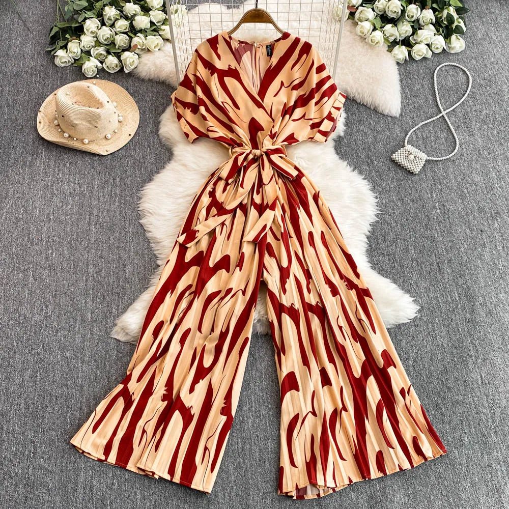 Elegant V-Neck Tunic Slim Jumpsuit For Women High Waist Printed Lace Long Jumpsuit Wholesale