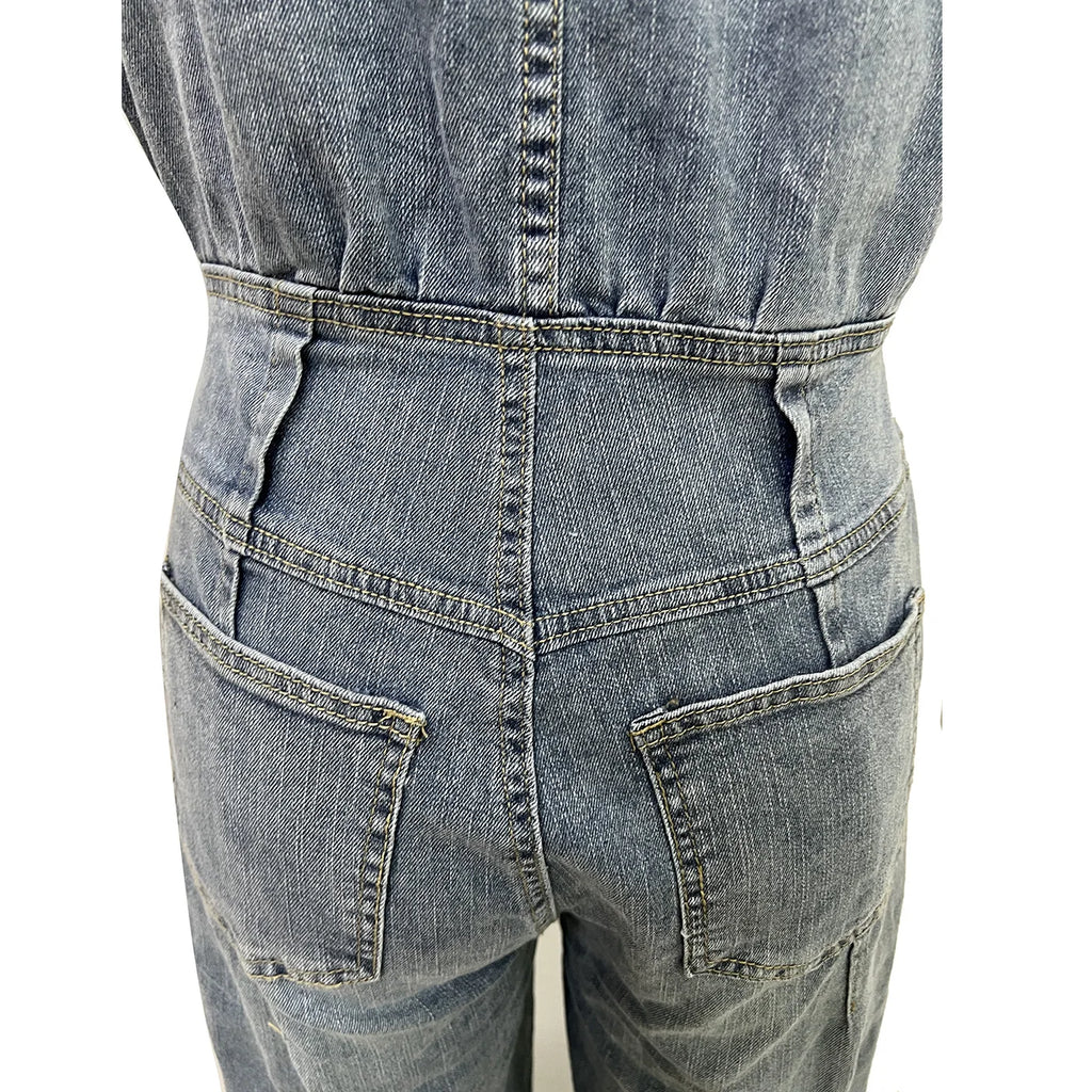 Ts1300 Sense of Quality 2025 Casual Washed Sleeveless Denim Cargo Plus Size Sexy Jumpsuit Street Style Jeans Romper