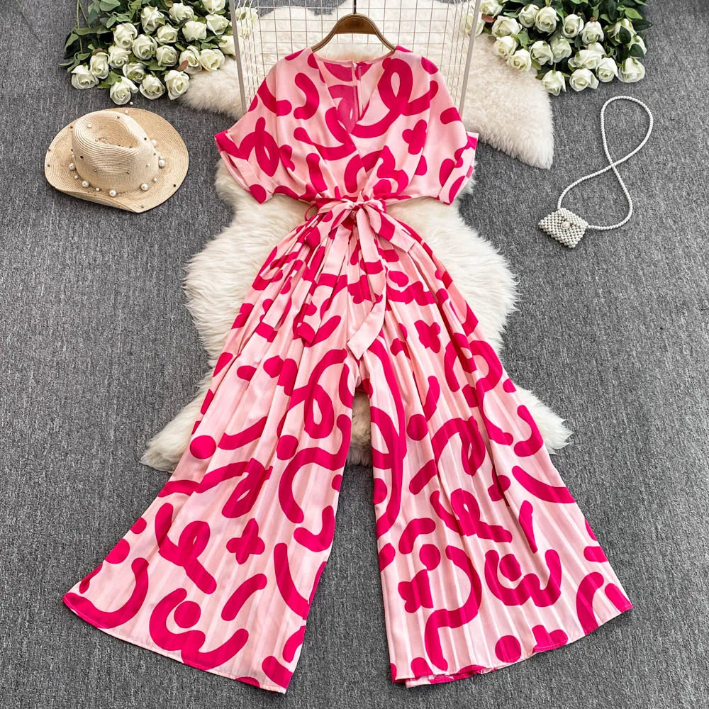 Elegant V-Neck Tunic Slim Jumpsuit For Women High Waist Printed Lace Long Jumpsuit Wholesale