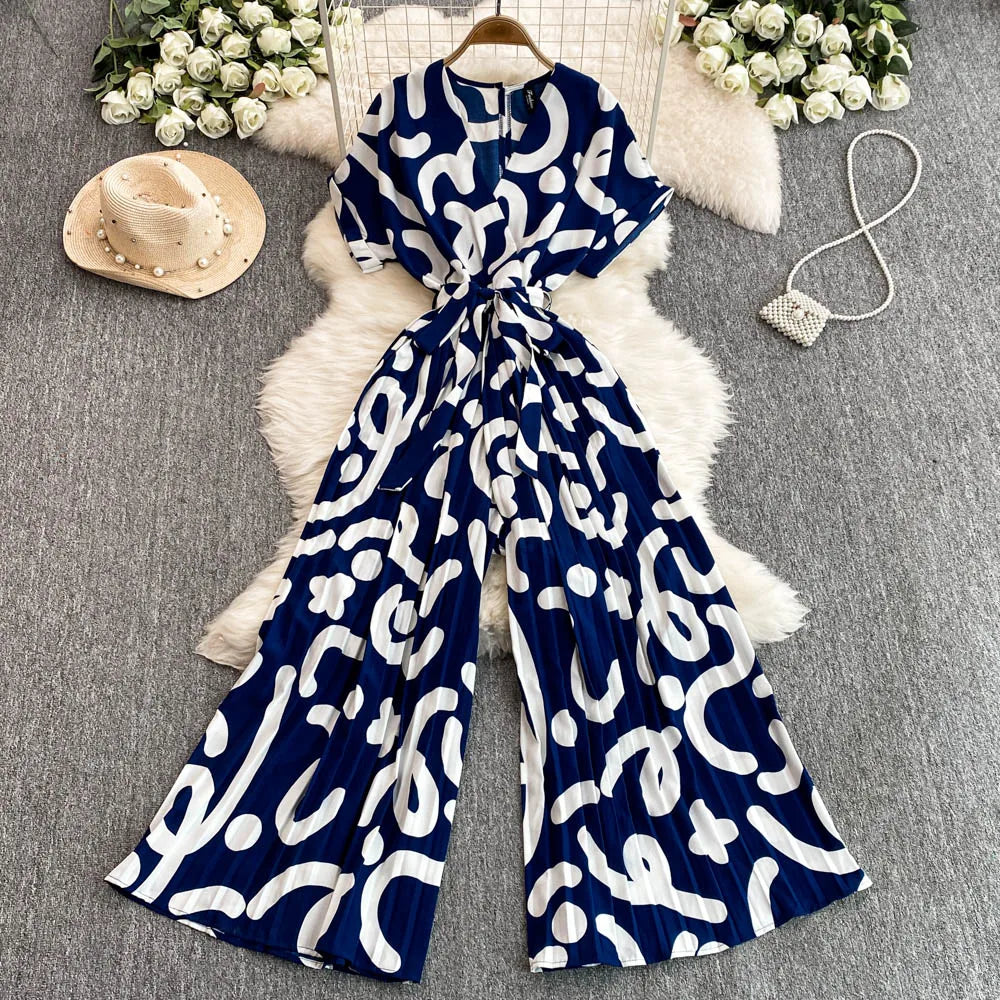 Elegant V-Neck Tunic Slim Jumpsuit For Women High Waist Printed Lace Long Jumpsuit Wholesale