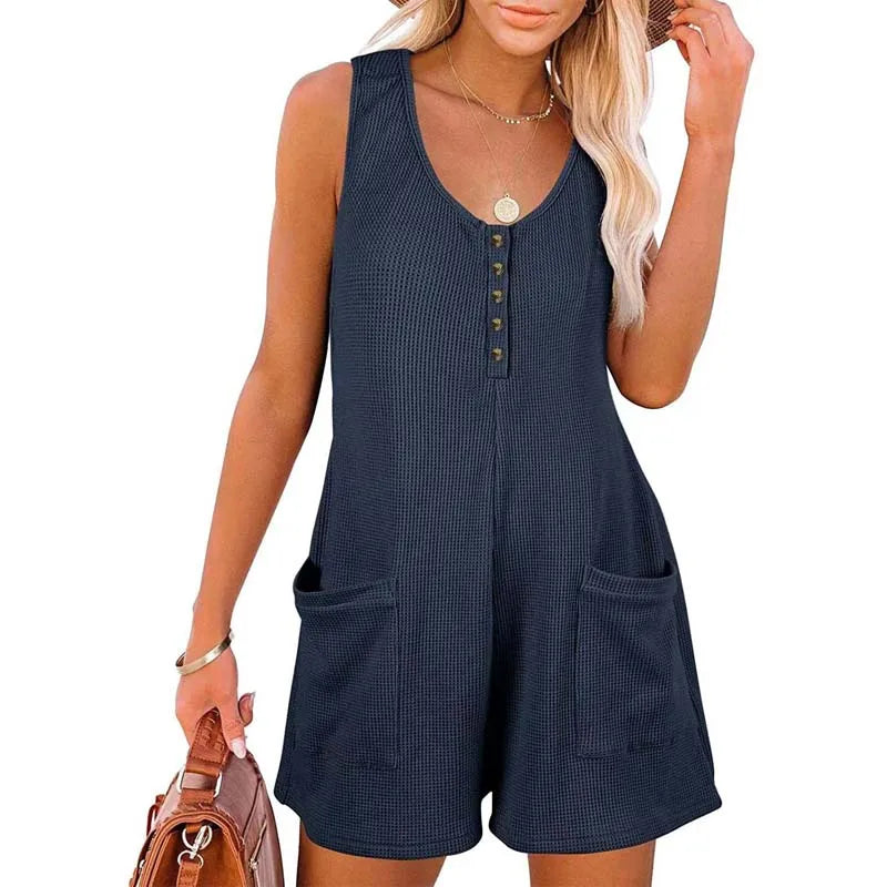 Summer Sleeveless Solid Color Casual Loose Wide Leg Women Shorts Romper With Pockets WLTC-002