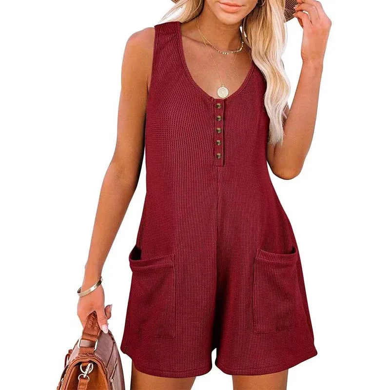 Summer Sleeveless Solid Color Casual Loose Wide Leg Women Shorts Romper With Pockets WLTC-002