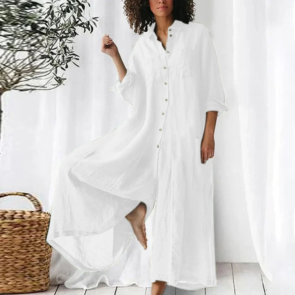 New 2025 Pure Color Casual Cotton Linen Loose Wide Leg Pants Long Shirt Jumpsuit Women's Fashion Plus Size Comfortable Trousers