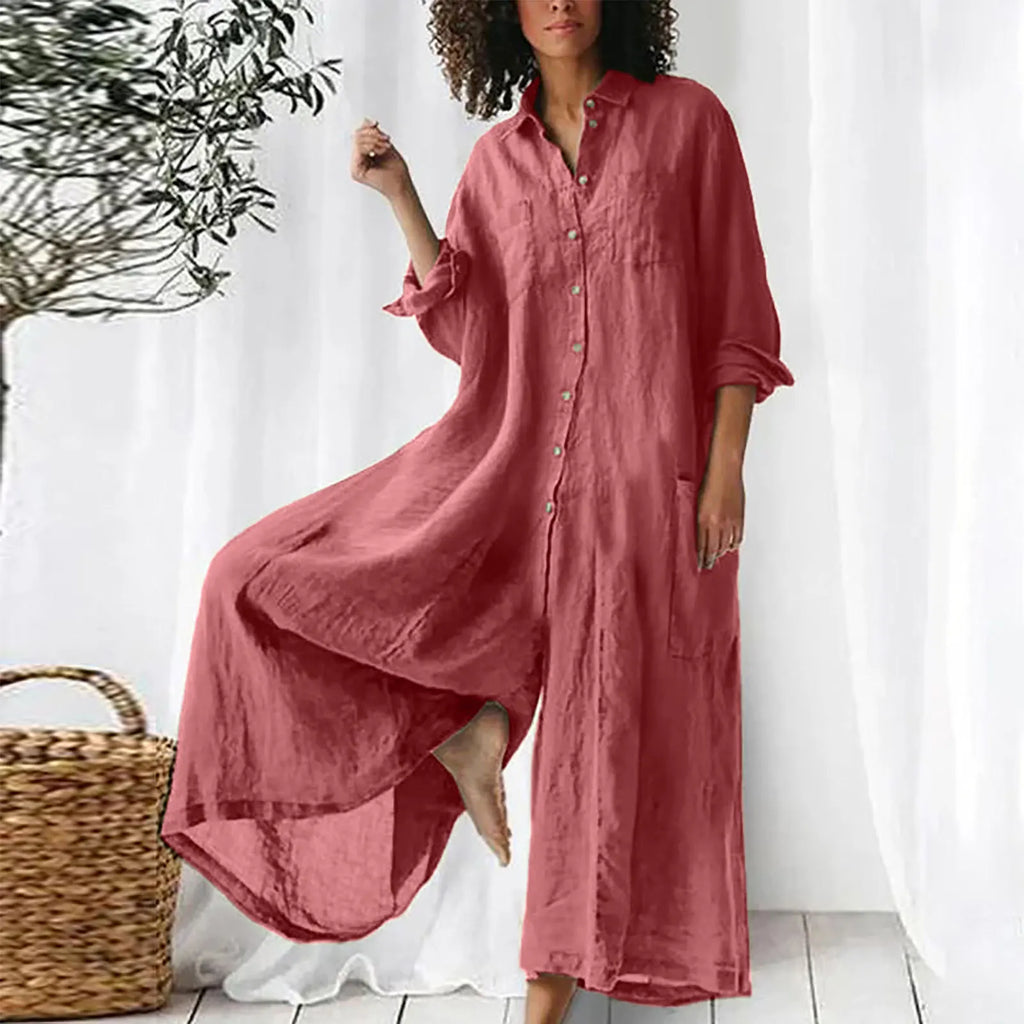 New 2025 Pure Color Casual Cotton Linen Loose Wide Leg Pants Long Shirt Jumpsuit Women's Fashion Plus Size Comfortable Trousers