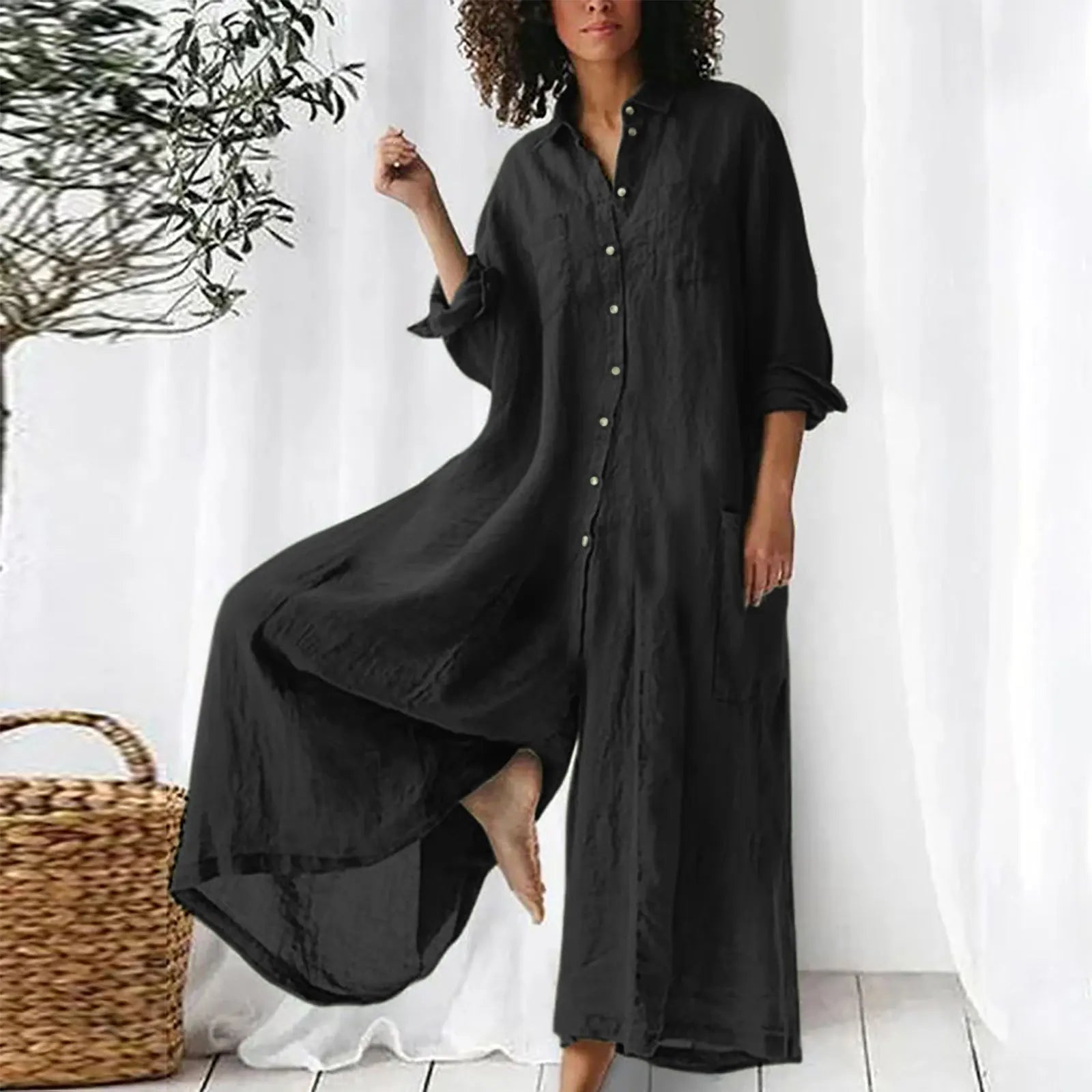 New 2025 Pure Color Casual Cotton Linen Loose Wide Leg Pants Long Shirt Jumpsuit Women's Fashion Plus Size Comfortable Trousers