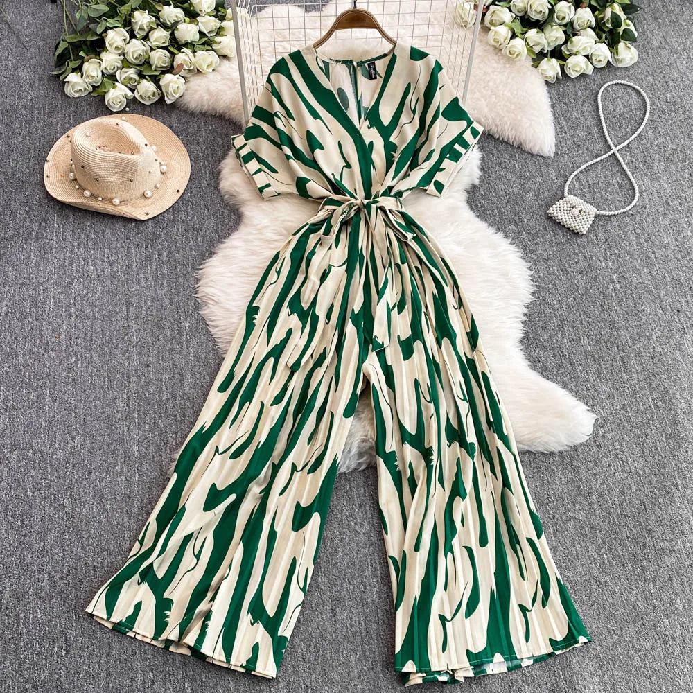 Elegant V-Neck Tunic Slim Jumpsuit For Women High Waist Printed Lace Long Jumpsuit Wholesale