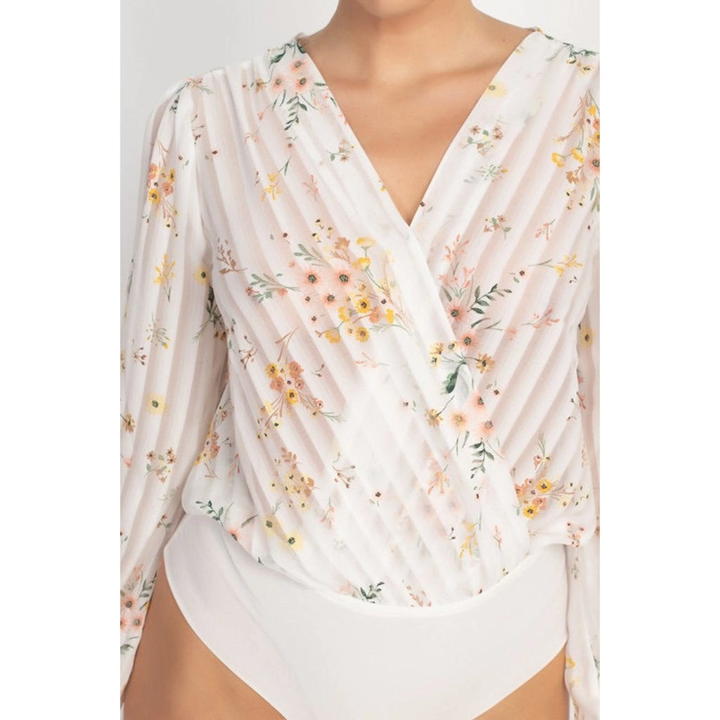 TD Serilda Women's White Bodysuit with Long Sleeves Stripe Floral Wrap Design