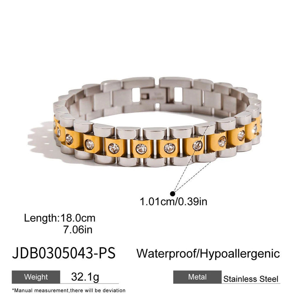 Uworld Simple Classic 18K Gold Color Plated Stainless Steel Rhinestone Two tone Watch Chain Bracelet Women's Jewelry