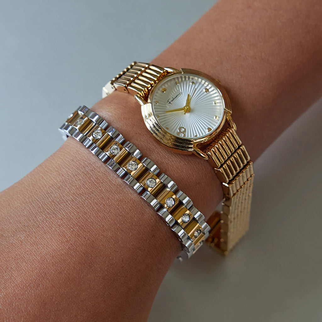 Uworld Simple Classic 18K Gold Color Plated Stainless Steel Rhinestone Two tone Watch Chain Bracelet Women's Jewelry