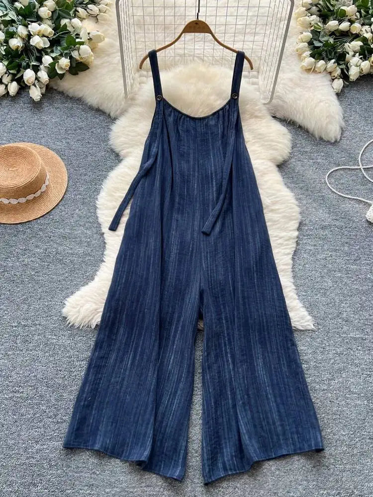 Women Korean Casual Jumpsuit Summer Loose Camisole Wide Leg Pants Plausits Female Streetwear Oversized Romper