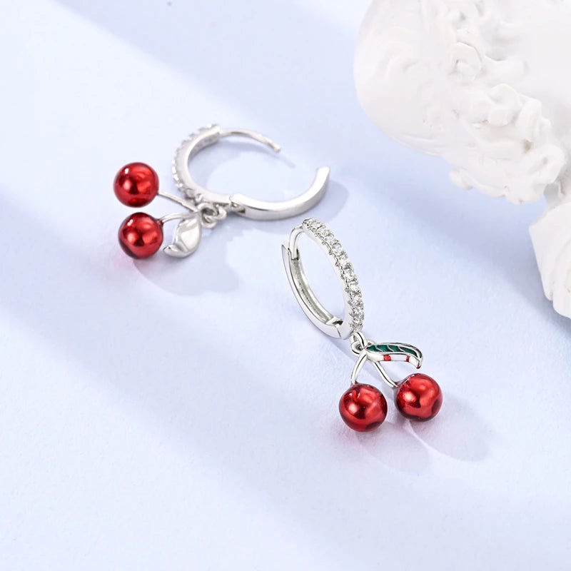 925 Sterling Silver Sweet Cherry Hoop Earrings Sparkling CZ Zircon Earrings For Women Fine Birthday Anniversary Jewelry Gifts