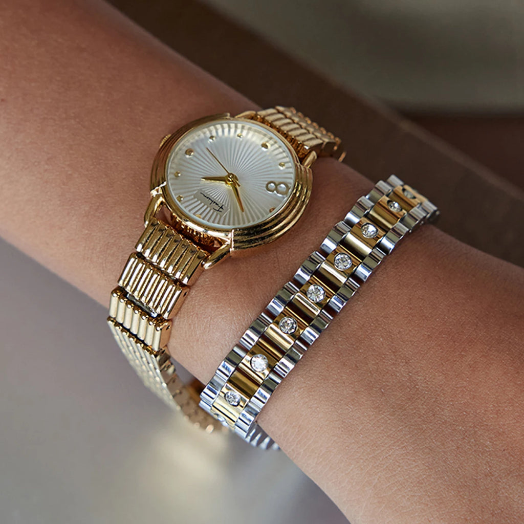 Uworld Simple Classic 18K Gold Color Plated Stainless Steel Rhinestone Two tone Watch Chain Bracelet Women's Jewelry