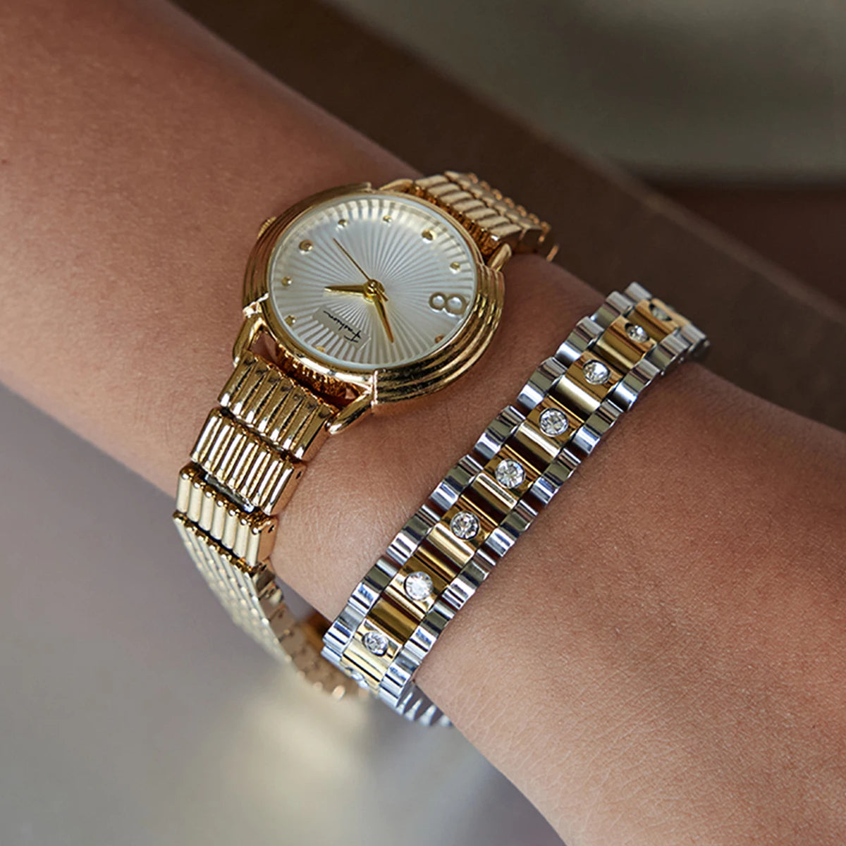 Uworld Simple Classic 18K Gold Color Plated Stainless Steel Rhinestone Two tone Watch Chain Bracelet Women's Jewelry