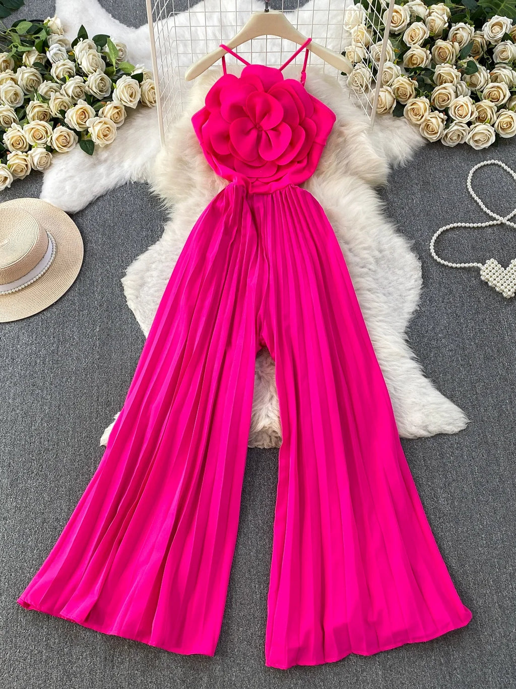 Fashionable Goddess Style 3D Flower Print Strapless Jumpsuit Women's High Waist Wide Leg Pants Long Summer Slimming Dress