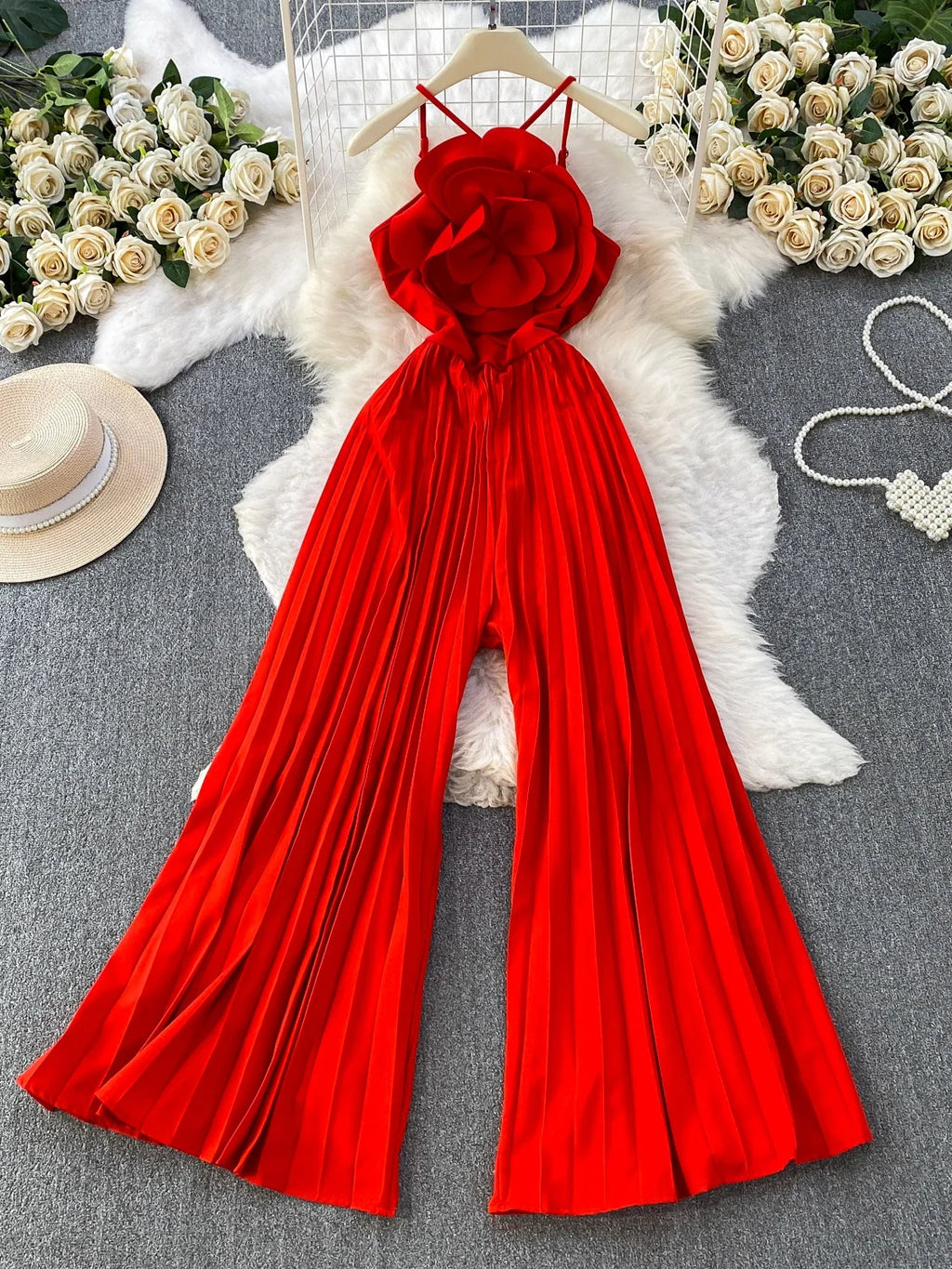 Fashionable Goddess Style 3D Flower Print Strapless Jumpsuit Women's High Waist Wide Leg Pants Long Summer Slimming Dress