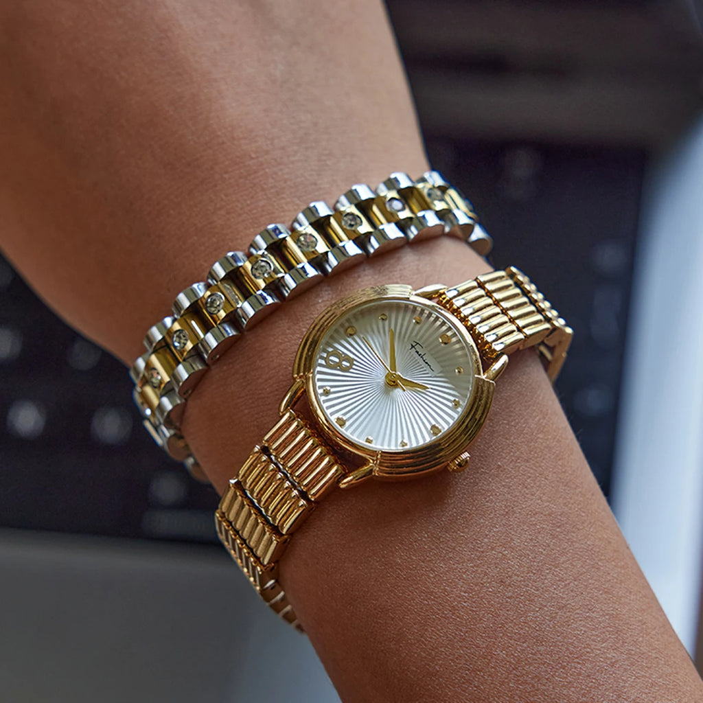 Uworld Simple Classic 18K Gold Color Plated Stainless Steel Rhinestone Two tone Watch Chain Bracelet Women's Jewelry