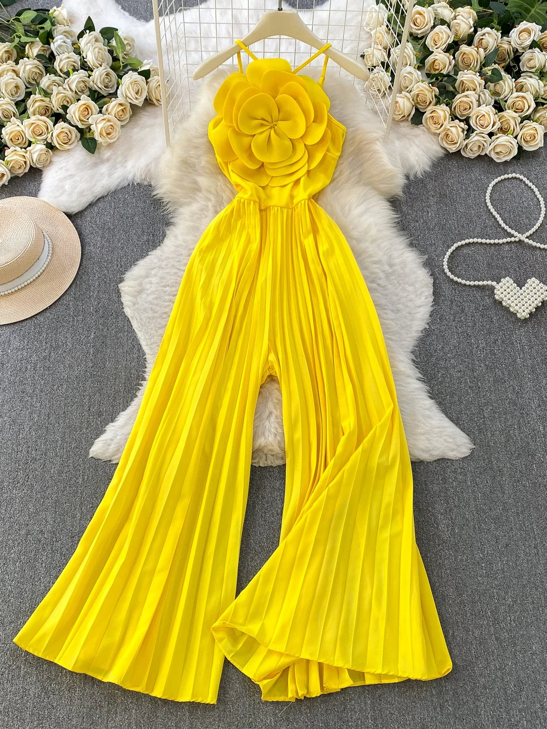 Fashionable Goddess Style 3D Flower Print Strapless Jumpsuit Women's High Waist Wide Leg Pants Long Summer Slimming Dress
