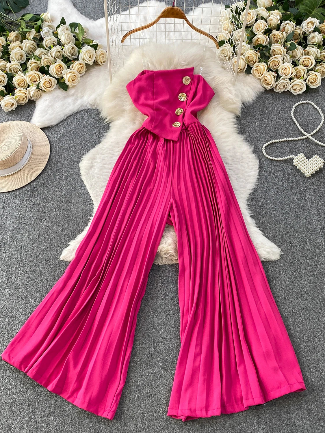 Elegant Goddess Style Sequin Long Pants Women's Summer Loose Slimming Gauze Wraparound Strapless Romper High Waist Button Detail