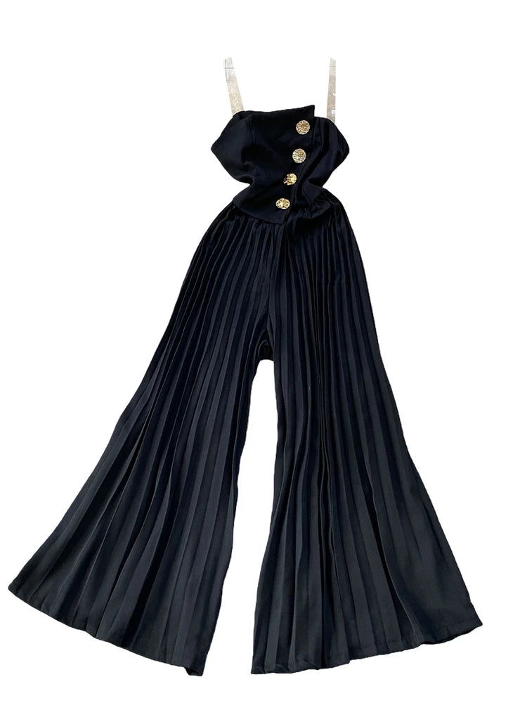 Elegant Goddess Style Sequin Long Pants Women's Summer Loose Slimming Gauze Wraparound Strapless Romper High Waist Button Detail