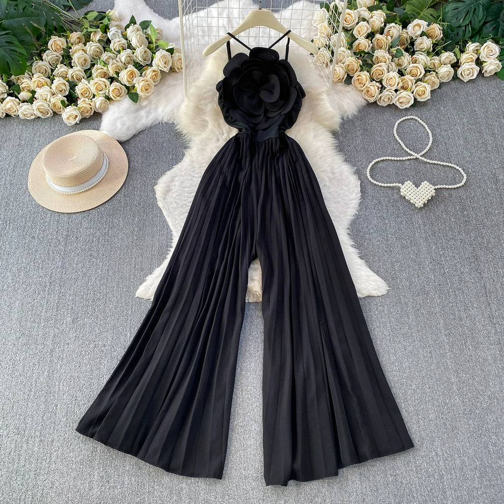 Fashionable Goddess Style 3D Flower Print Strapless Jumpsuit Women's High Waist Wide Leg Pants Long Summer Slimming Dress