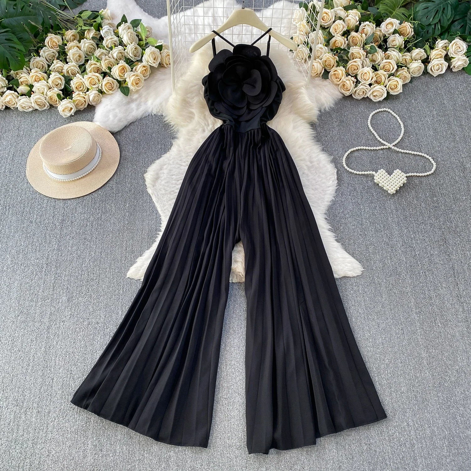 Fashionable Goddess Style 3D Flower Print Strapless Jumpsuit Women's High Waist Wide Leg Pants Long Summer Slimming Dress