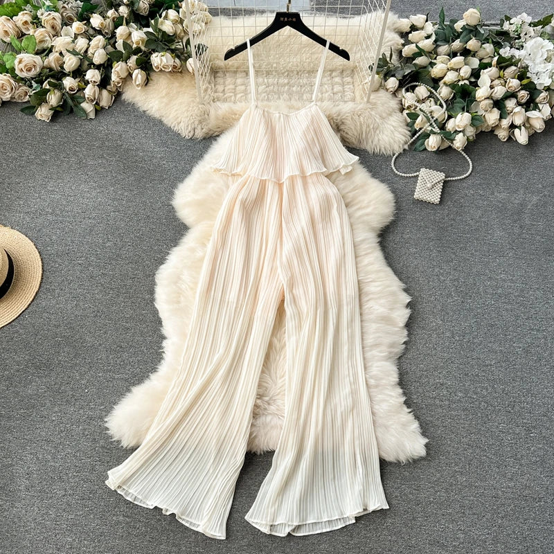 Ins Vacation Style Jumpsuit Women's Sweet Ruffled Edge Strapless Slim Fit Long Heavy Pleated Camisole Wide Leg Pants