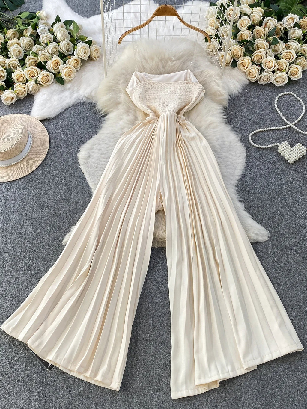 Elegant Goddess Style Sequin Long Pants Women's Summer Loose Slimming Gauze Wraparound Strapless Romper High Waist Button Detail