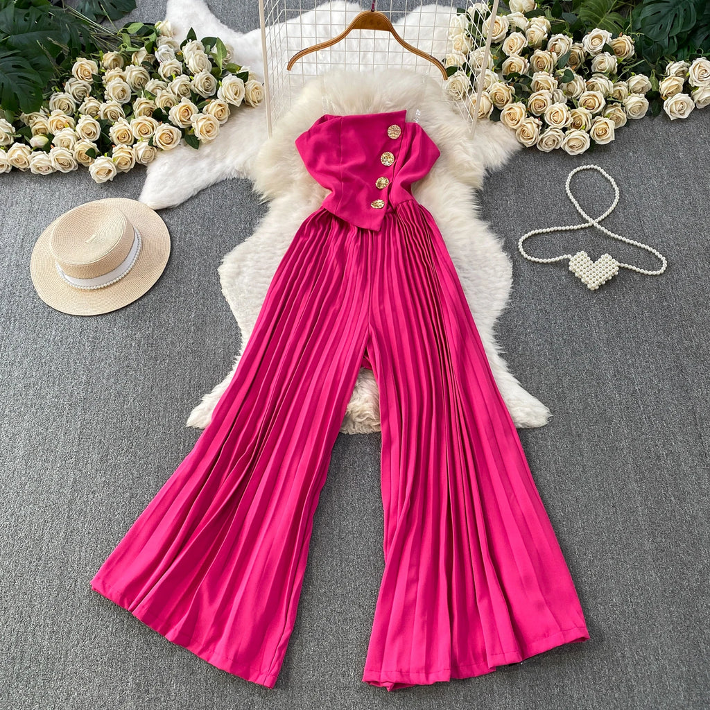 Elegant Goddess Style Sequin Long Pants Women's Summer Loose Slimming Gauze Wraparound Strapless Romper High Waist Button Detail