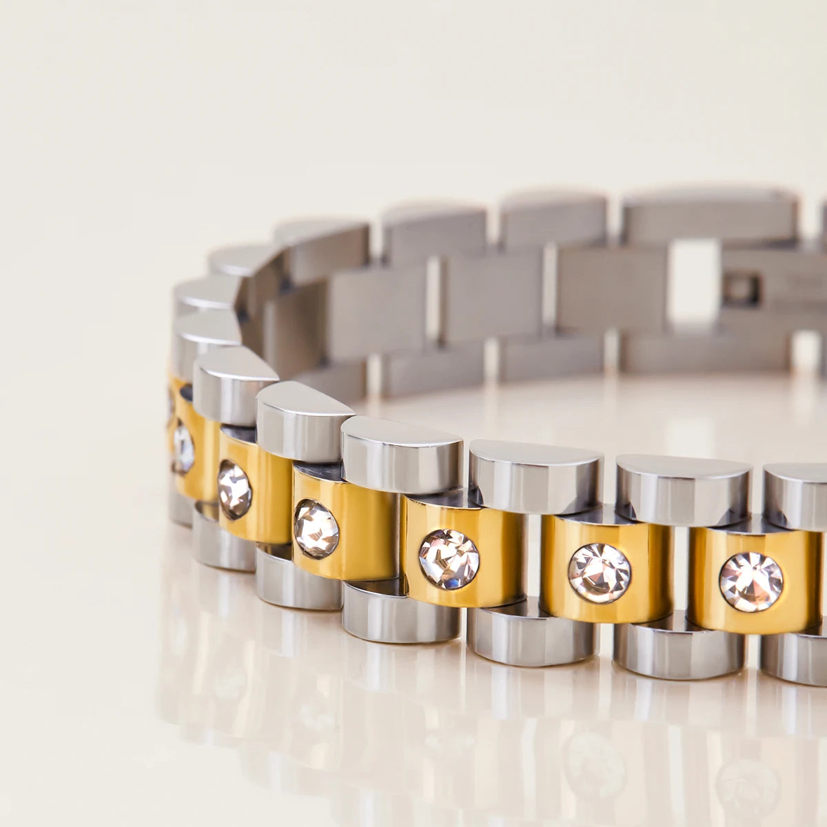 Uworld Simple Classic 18K Gold Color Plated Stainless Steel Rhinestone Two tone Watch Chain Bracelet Women's Jewelry