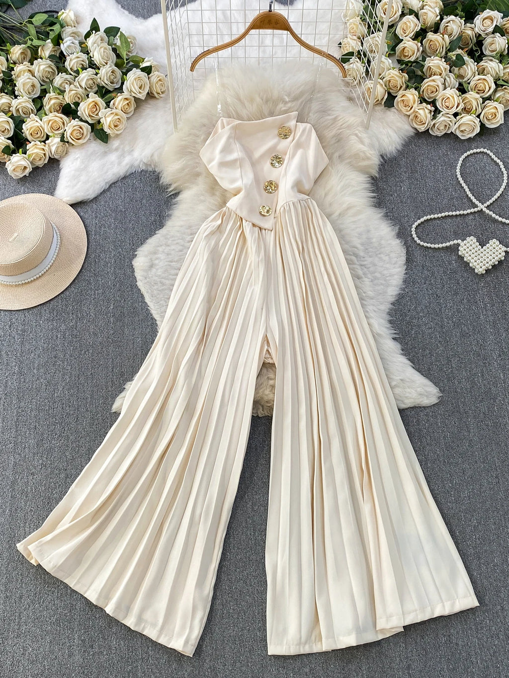 Elegant Goddess Style Sequin Long Pants Women's Summer Loose Slimming Gauze Wraparound Strapless Romper High Waist Button Detail