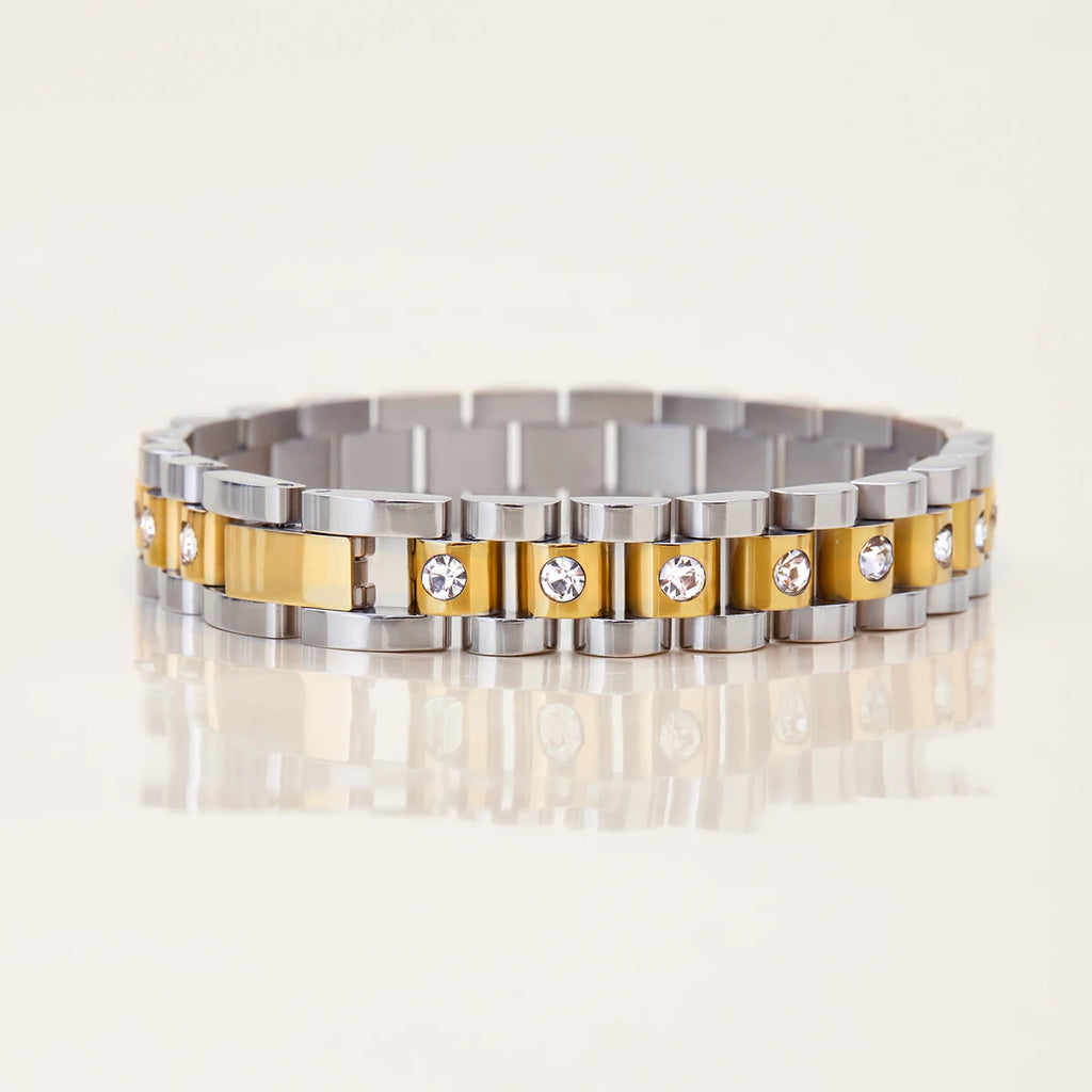 Uworld Simple Classic 18K Gold Color Plated Stainless Steel Rhinestone Two tone Watch Chain Bracelet Women's Jewelry