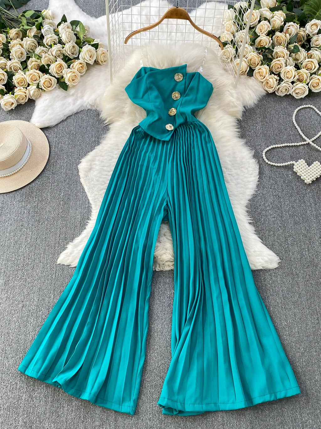Elegant Goddess Style Sequin Long Pants Women's Summer Loose Slimming Gauze Wraparound Strapless Romper High Waist Button Detail