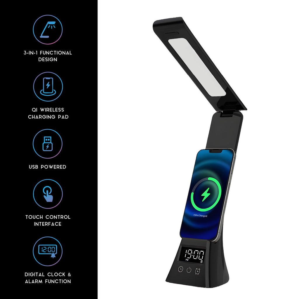 2-in-1 Charging & Illumination Set – Wireless Charging Alarm Clock Speaker + LED Desk Lamp Charger