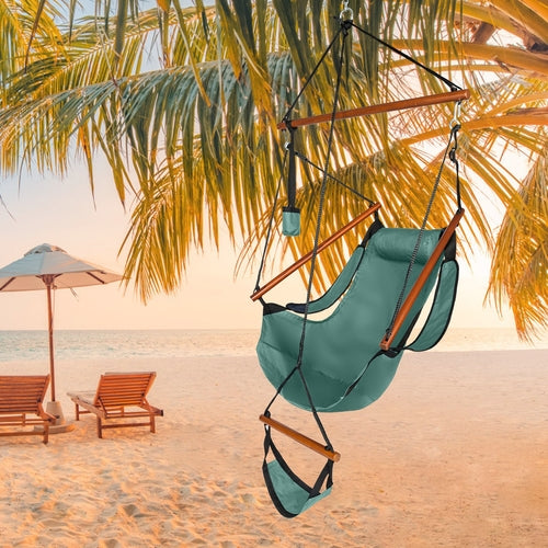 LuxeSwing™ – Oxford Hanging Chair with Wooden Bar & Cup Holder, Green