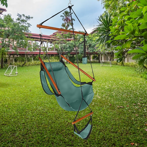 LuxeSwing™ – Oxford Hanging Chair with Wooden Bar & Cup Holder, Green