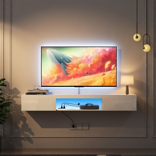 LumiWall™ – Floating TV Wall Shelf with 16-Color LED Lights for 55–65"